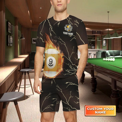 Billiard 9 Ball Fire Flame Club Custom Name 3D Short Sleeve T-Shirt Men's Board Shorts ORN0300
