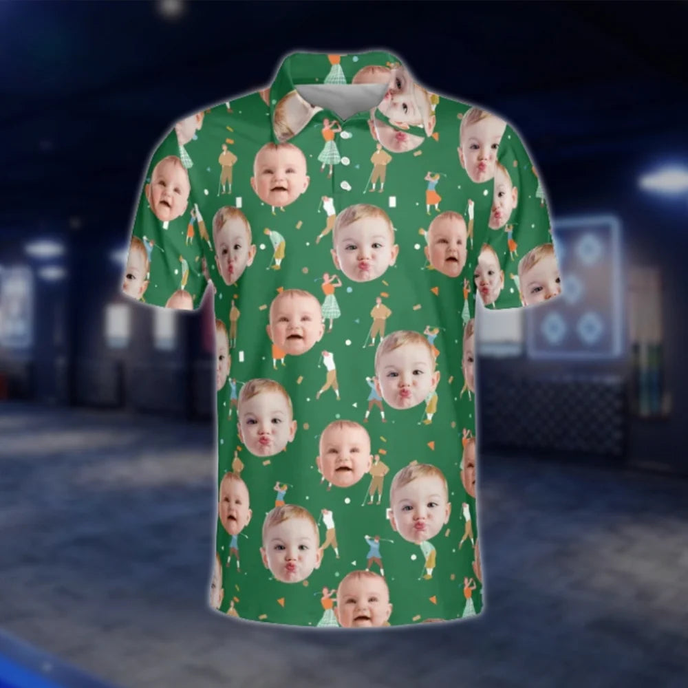 Custom Kid Face Mens Green Golf Polo Shirts, Custom Photo Golf Shirts GOF0260