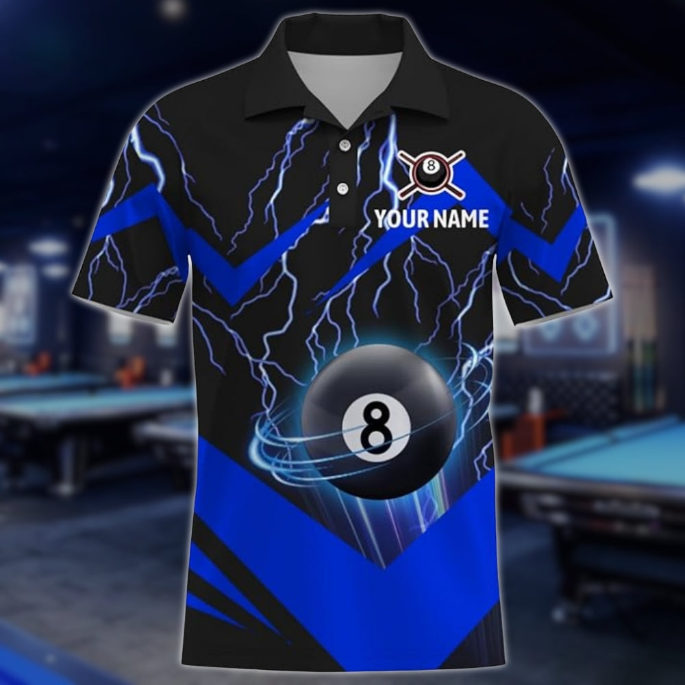Custom Blue Lightning 8 Ball Billiard Men Polo Shirt, Custom 8 Ball Billiard Team Shirts BLD0192