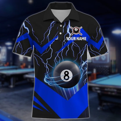Custom Blue Lightning 8 Ball Billiard Men Polo Shirt, Custom 8 Ball Billiard Team Shirts BLD0192