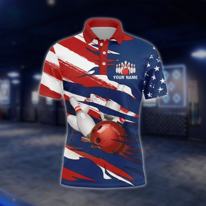 Personalized USA Flag Grunge Bowling Polo Shirt For Men, Custom Patriotic Bowling Shirts Team BZ0742 BOW0177