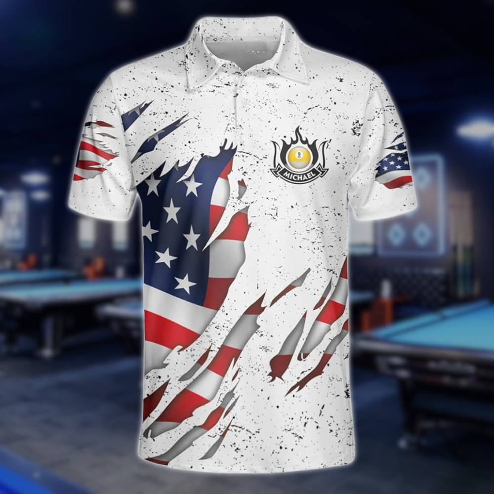Custom White Grunge USA Flag Billiard Polo Shirt Mens, Custom Patriotic Billiard Team Shirts BLD0287