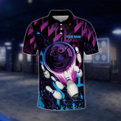 Personalised Purple Black Blue Polo Bowling Team Shirts Men, Custom Bowling Shirts BE0045 BOW0446