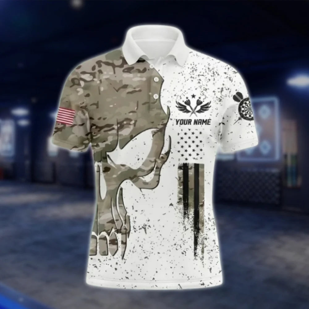Custom Skull Camo Men's White Dart Polo Shirt, Custom Skull Dart Shirts For Team DAT0428