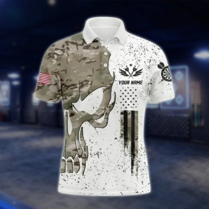 Custom Skull Camo Men's White Dart Polo Shirt, Custom Skull Dart Shirts For Team DAT0428