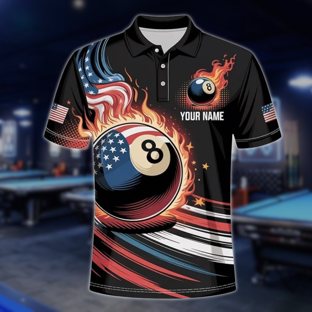 Custom American Flag 8 Ball Billiard Men Polo Shirts, Custom Patriotic Billiard Team Shirts BLD0186