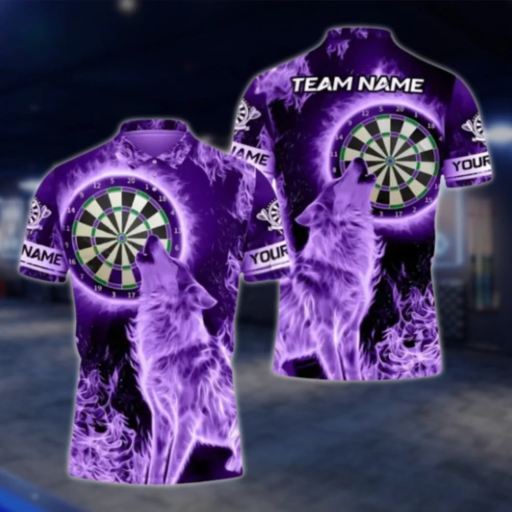 Wolf Blue Flame Custom Mens Dart Polo Shirt, Custom Wolf Team Darts Shirt DAT0420