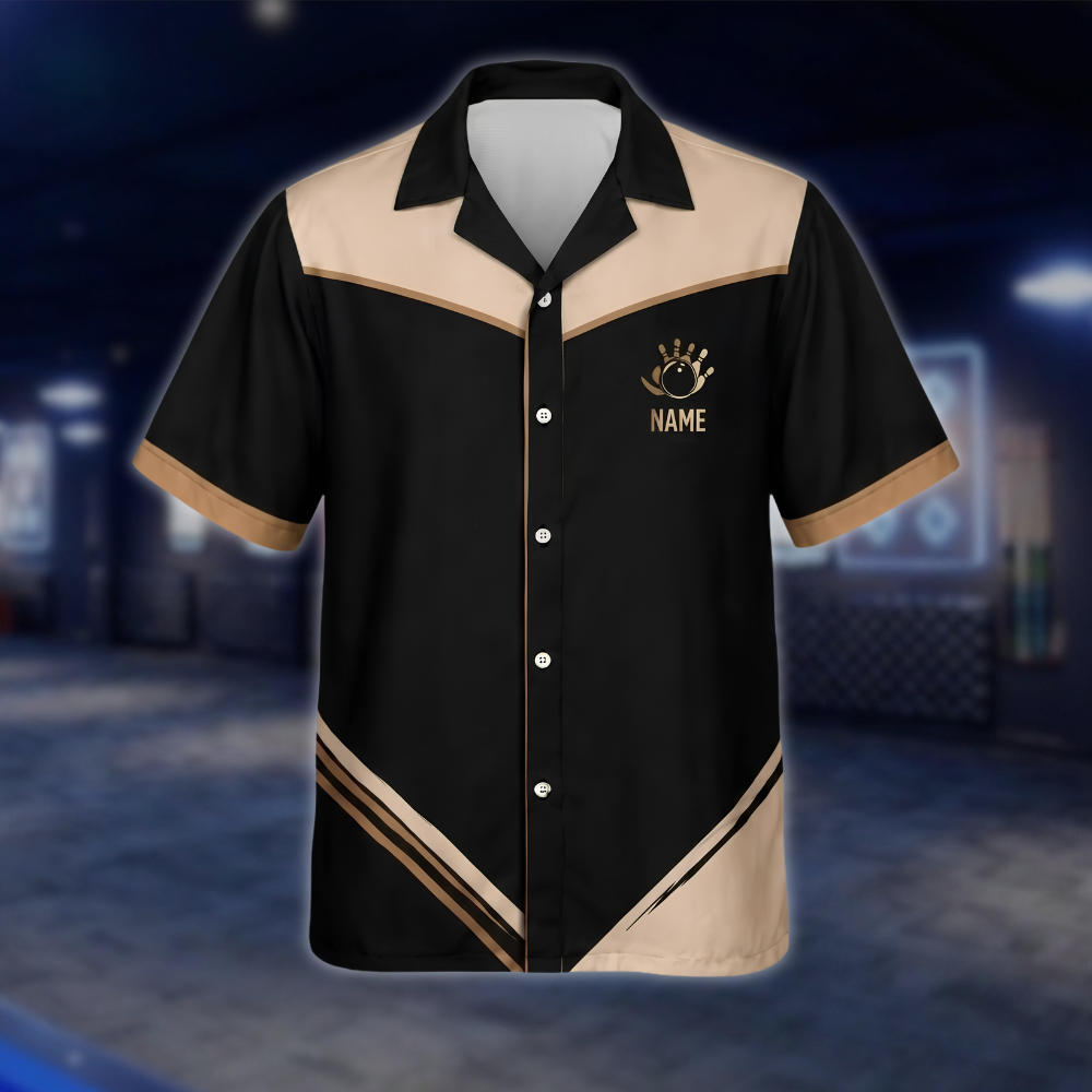 Personalized Team Black Beige Bowling Hawaiian Shirt, Custom Bowling Shirts BE0247 BOW0035