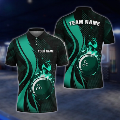 Personalized Flame Ball Men's Blue Black Bowling Polo Shirt, Custom Flame Bowling Team Shirts BZ0746 BOW0173