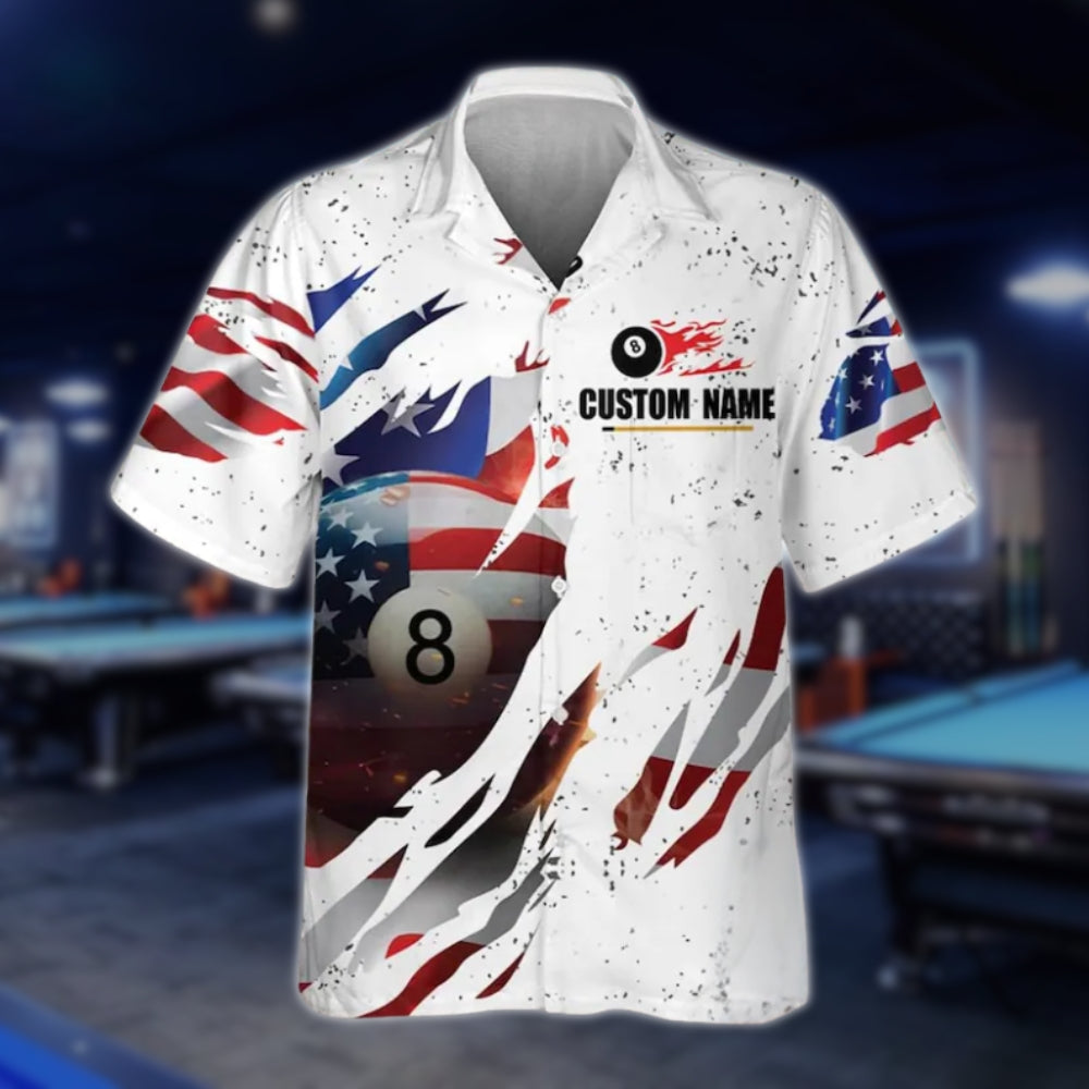 Custom White USA Flag Billiard Hawaiian Shirt For Mens, Custom Team Patriotic Billiard Shirts BLD0136