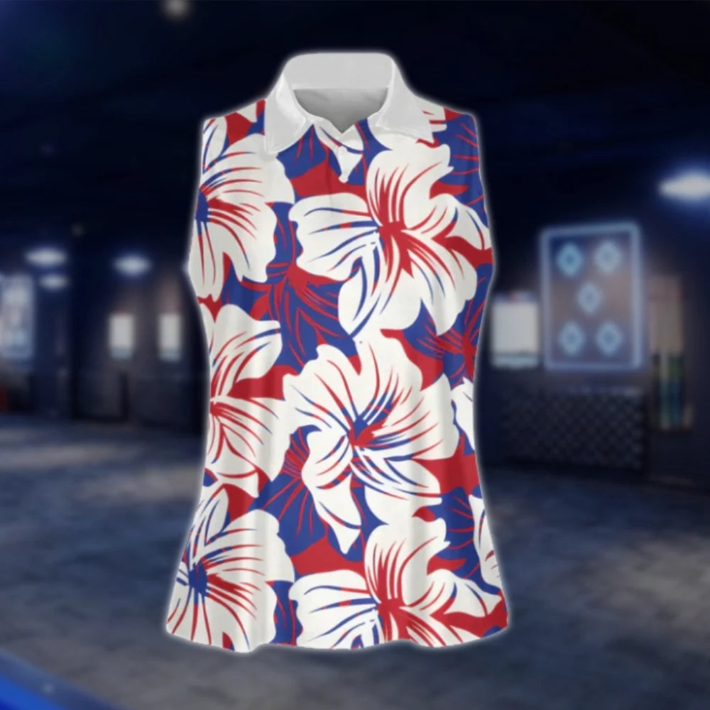 Hibiscus Flower Red White Blue Sleeveless Golf Shirt For Women, Floral Golf Shirt For Ladies GOF0108