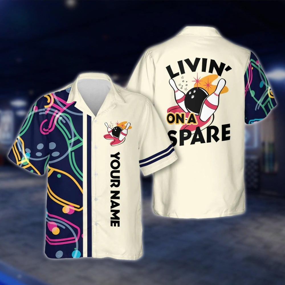 Livin' On A Spare Custom Yellow Bowling Hawaiian Shirt Men And Women, Custom Funny Bowling Shirts BE0019 BOW0358