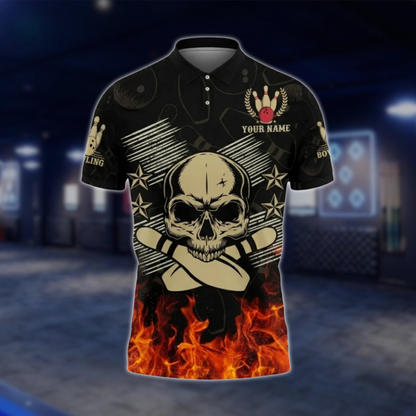 Personalized Skull Flaming Bowling Mens Polo Shirt, Custom Skull Bowling Shirt BZ0769 BOW0139