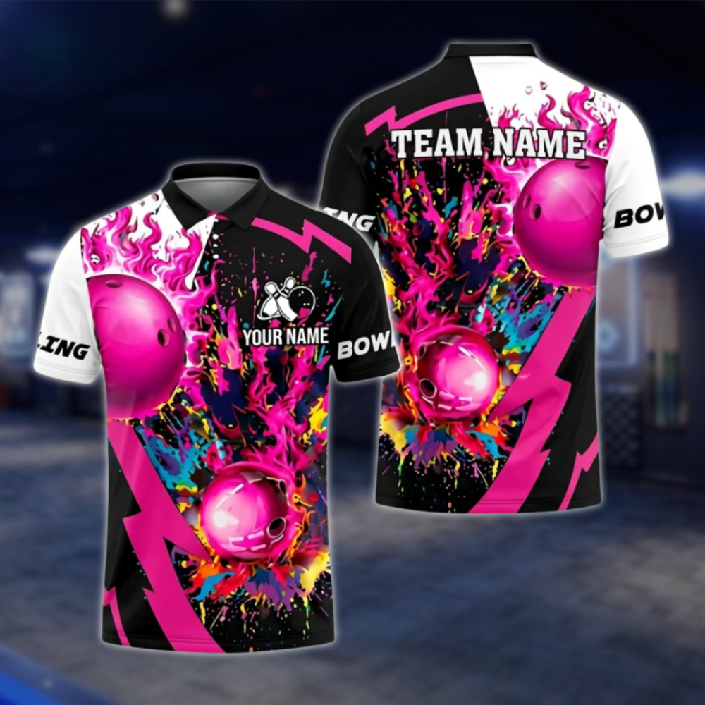 Custom Flame Ball Colorful Bowling Polo Shirts Men, Custom Flame Bowling Team Shirts SO1093 BOW0451