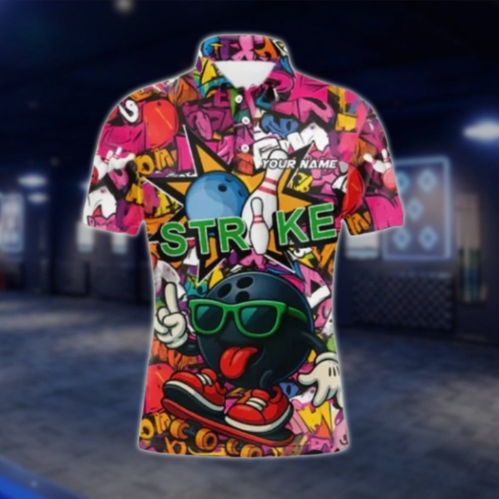Custom Funny Ball Graffiti Bowling Mens Polo Shirt, Custom Team Graffiti Bowling Shirts BE0180 BOW0475