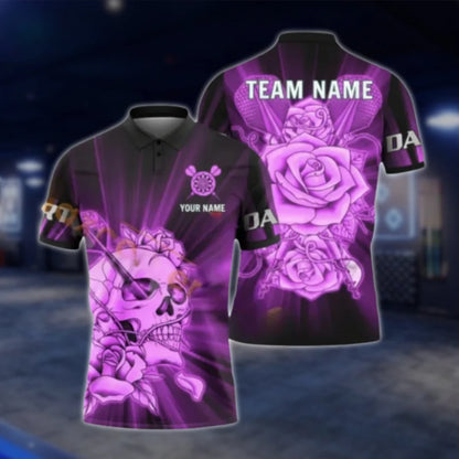 Custom Skull Rose Blue Dart Polo Shirt For Men, Custom Skull Dart Team Shirt DAT0328