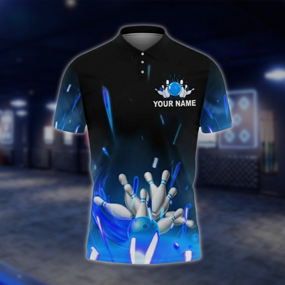 Personalized Blue Lightning Mens Bowling Team Polo Shirt, Custom Bowling Shirt Black Blue BZ0750 BOW0169
