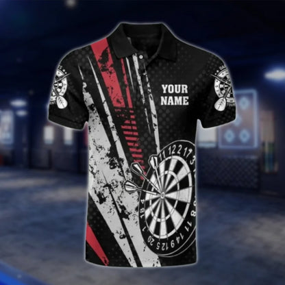 Custom Team Grunge Red Grey Dart Polo Shirt For Men, Custom Dart Shirts DAT0337