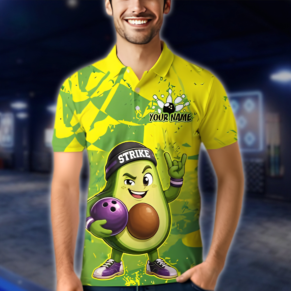 Personalized Avocado Fun Men's Green Bowling Polo Shirt, Custom Avocado Bowling Shirt Team BZ0903 BOW0040
