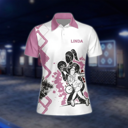 Never Underestimate An Old Women With A Bowling Ball Custom Name Bowling Polo Shirt, Custom Funny Bowling Shirt For Ladies White Pink BW0026 BOW0276