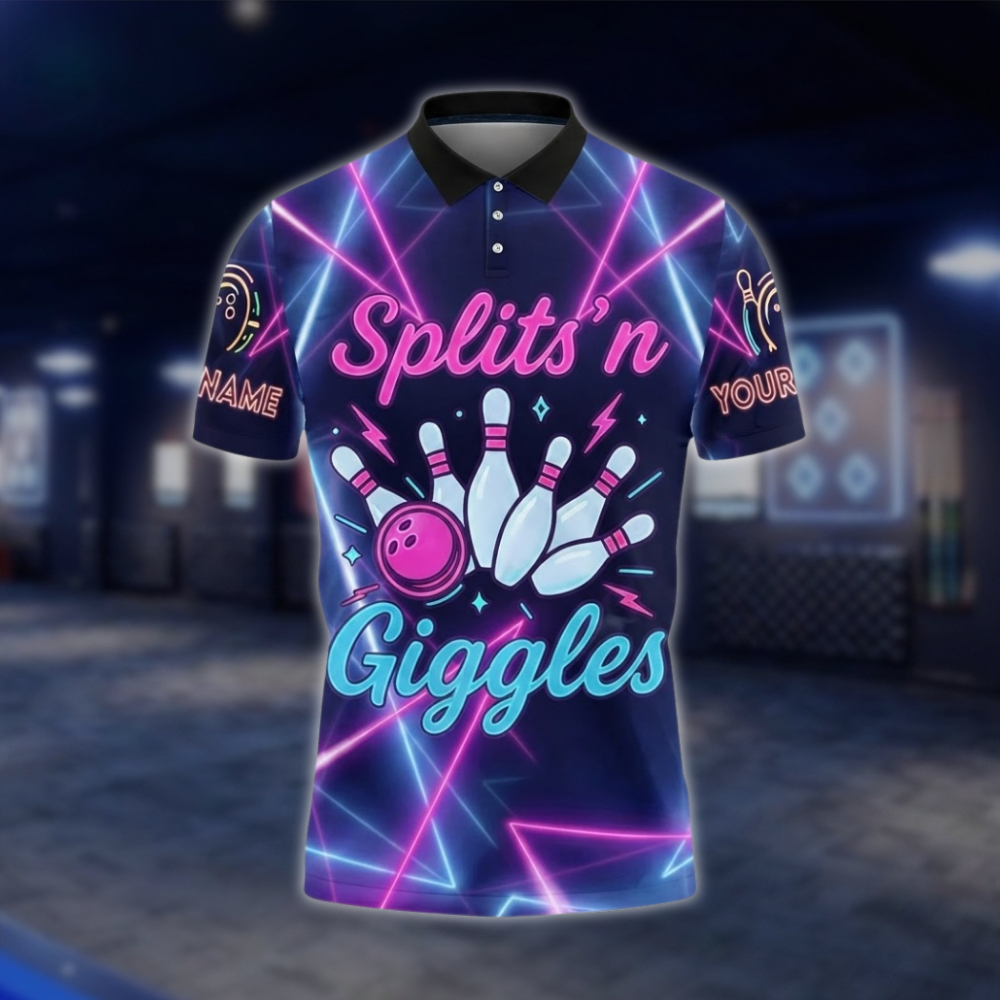 Splits'n Giggles Personalized Neon Bowling Polo Shirt For Men, Custom Funny Bowling Shirt For Team BZ0738 BOW0181