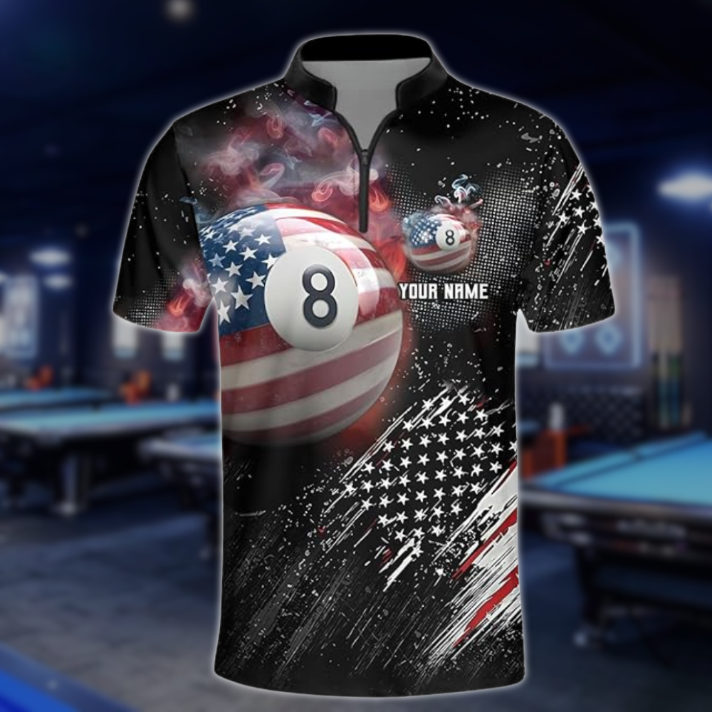Custom 8 Ball American Flag Billiard Men Jersey, Custom Patriotic Billiard Team Shirts BLD0274