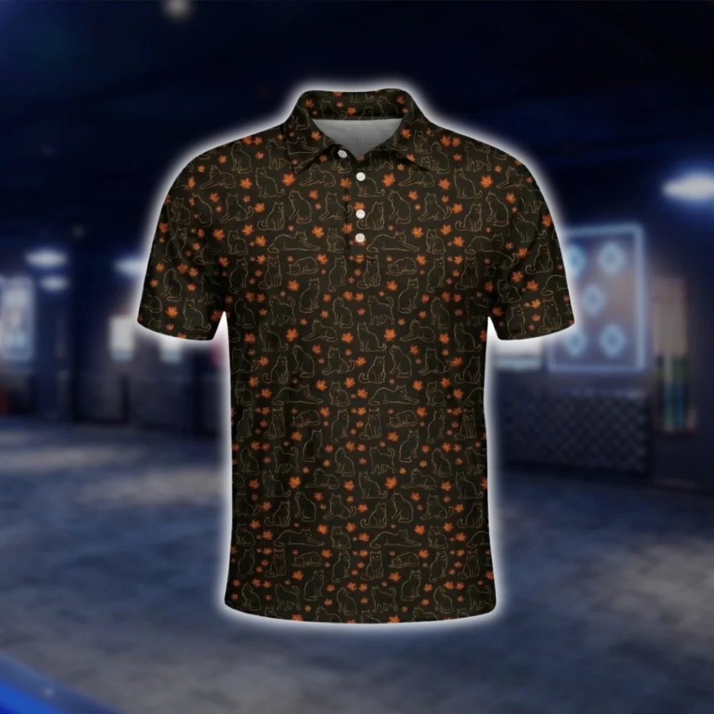 Mens Black Longhair Cat Leaves Golf Polo Shirt, Cat Lover Autumn Golf Shirt GOF0030