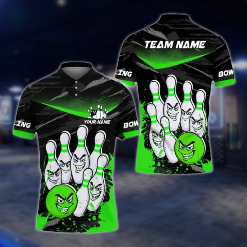 Custom Funny Pins And Ball Bowling Mens Polo Shirt, Back Blue Custom Funny Bowling Team Shirts BE0114 BOW0387