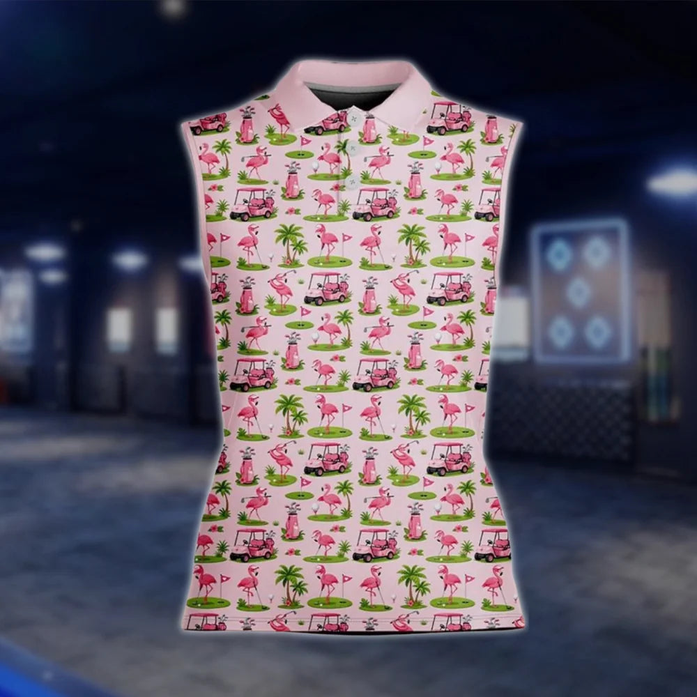 Flamingo Pink Womens Sleeveless Golf Shirt, Flamingo Golf Shirt For Ladies GOF0015