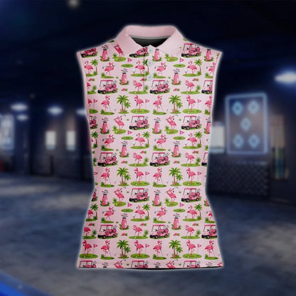 Flamingo Pink Womens Sleeveless Golf Shirt, Flamingo Golf Shirt For Ladies GOF0015