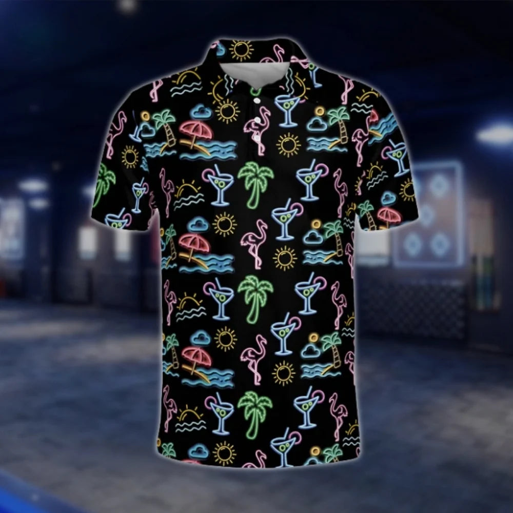 Neon Flamingo Beach Cocktail Golf Polo Shirts Mens, Flamingo Tropical Golf Shirt GOF0189