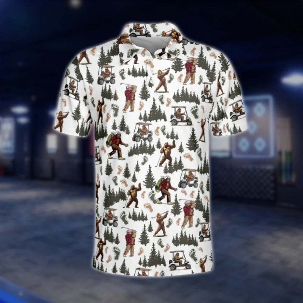 Men's Bigfoot Sasquatch White Golf Polo Shirts, Bigfoot Golf Shirts GOF0261