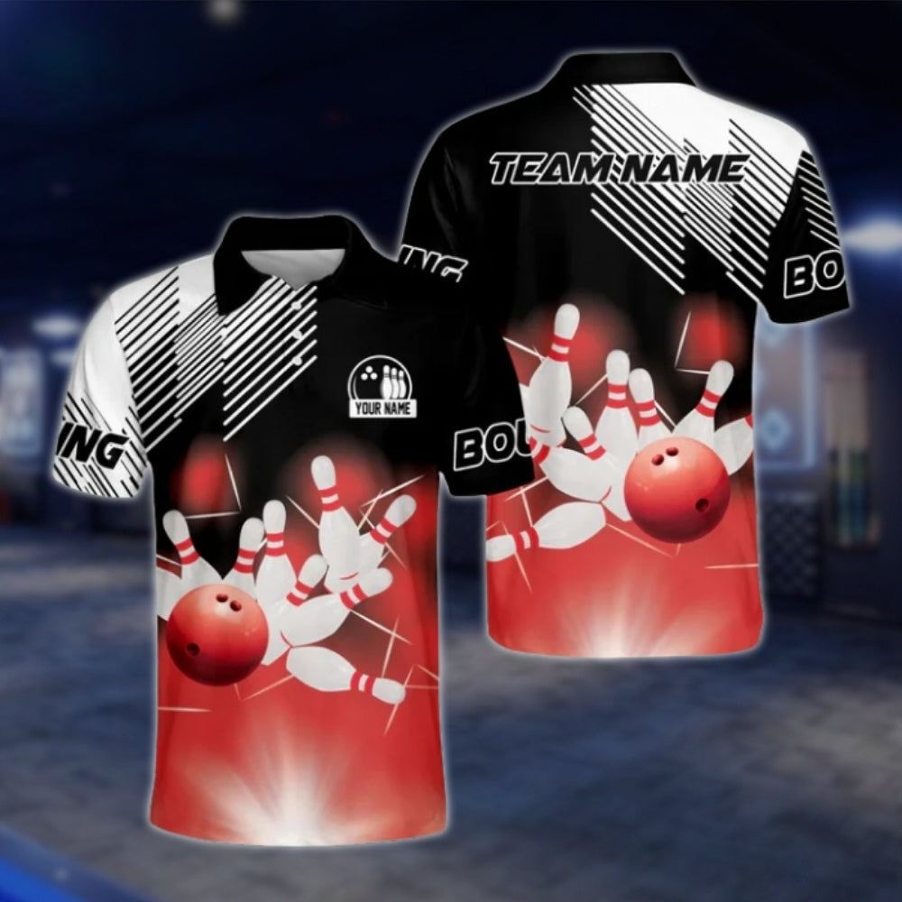 Custom Team Blue Black White Bowling Mens Polo Shirt, Custom Bowlong Shirts BZ0164 BOW0380
