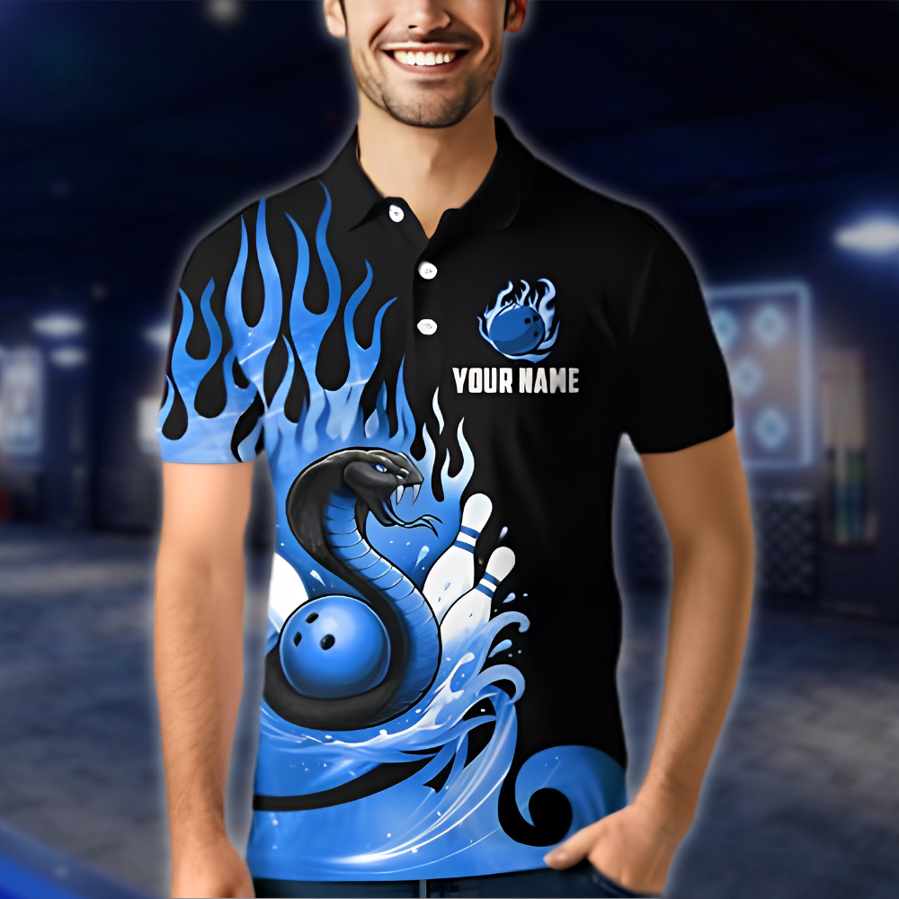 Persoanlized Snake Flaming Blue Bowling Men Polo Shirt, Custom Snake Bowling Shirt Team BZ0898 BOW0045