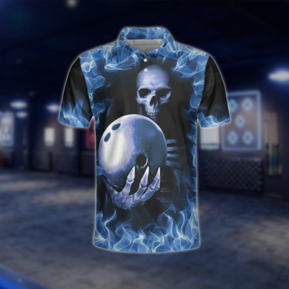 Bowling Because Murder Is Wrong Skeleton Blue Flame Bowling Polo Shirt For Mens, Funny Skull Bowling Shirts SO1061 BOW0397