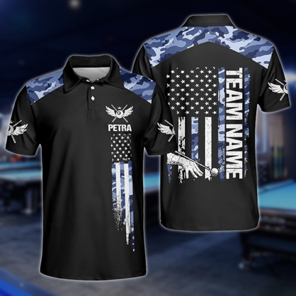Custom Blue Camo USA Flag Billiard Men Polo Shirts, Custom Camo Patriotic Billiard Shirts For Team BLD0209