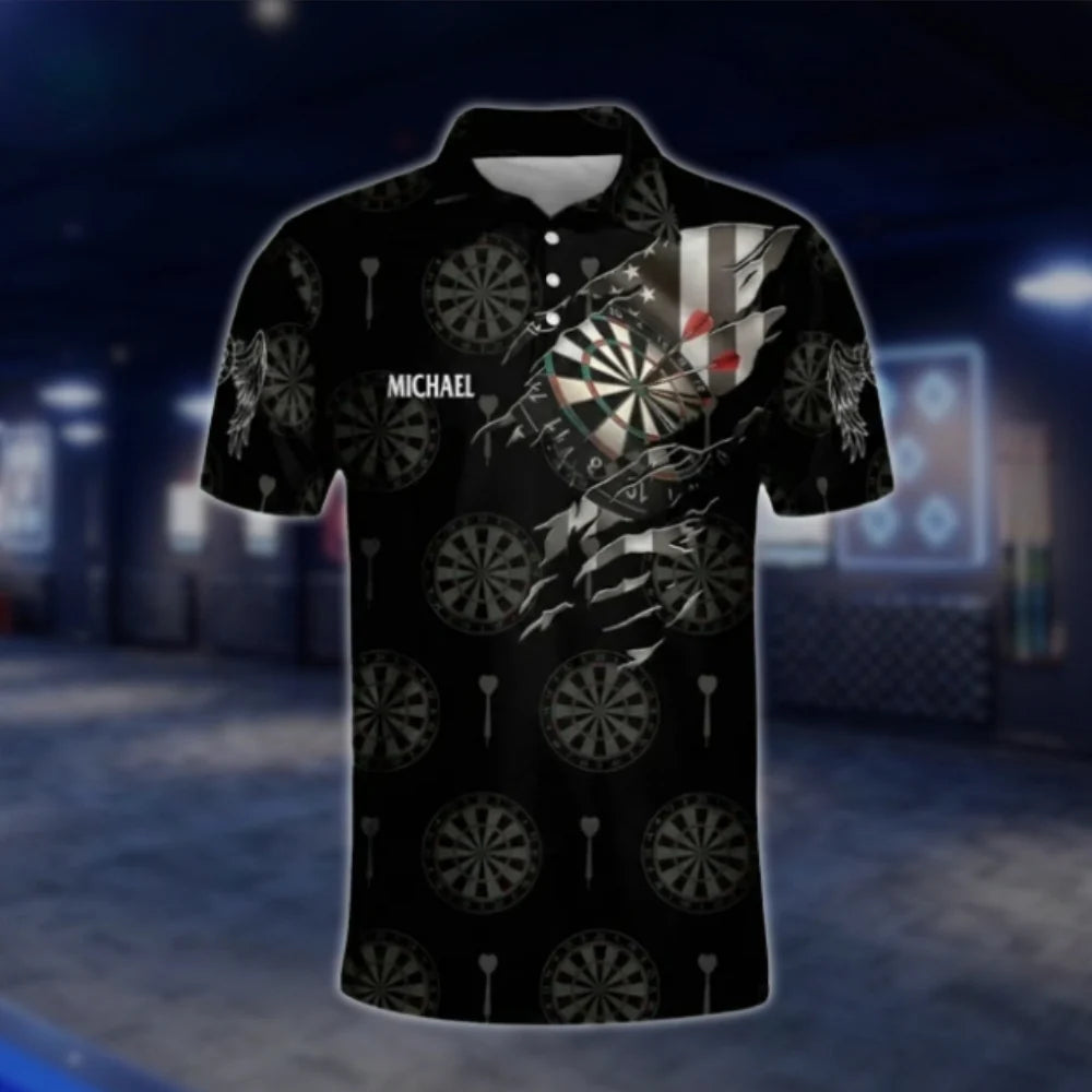 Custom Mens American Flag Black Dart Polo Shirt, Custom Patriotic Dart Team Shirt DAT0459