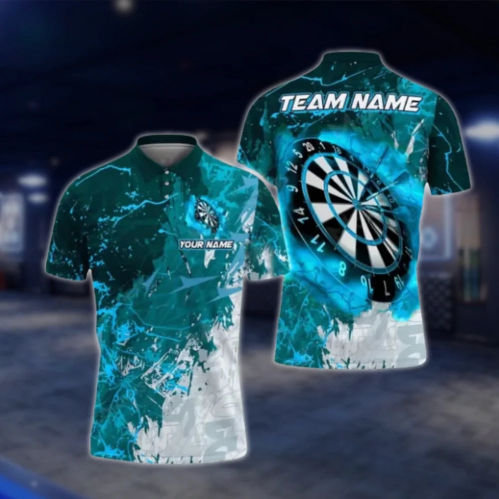 Custom Team Blue Black White Grunge Dart Polo Shirt For Men, Custom Dart Team Shirts DAT0330