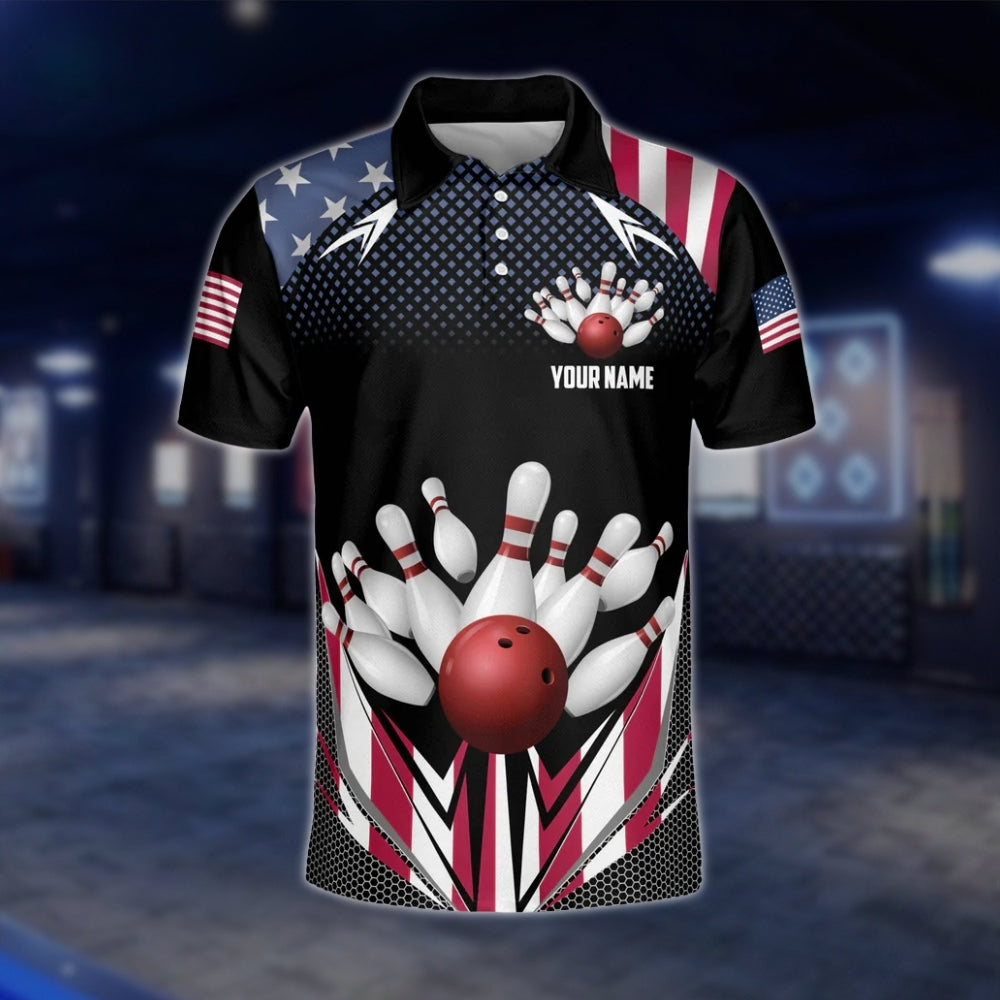 American Flag Custom Mens Bowling Polo Shirt, Custom Team Patriot Bowling Shirts BZ0147 BOW0499