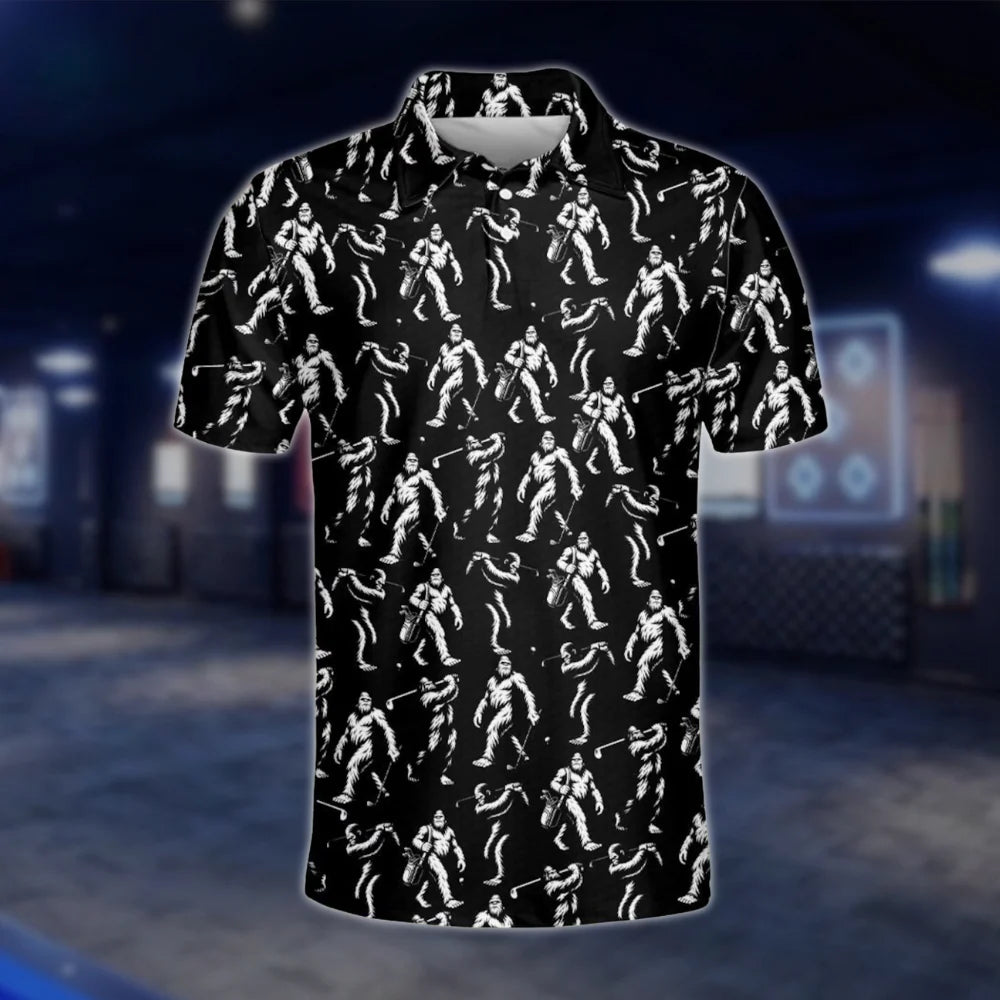 Bigfoot Golf Polo Shirt For Men Black And White, Big Sasquatch Golf Shirt GOF0085