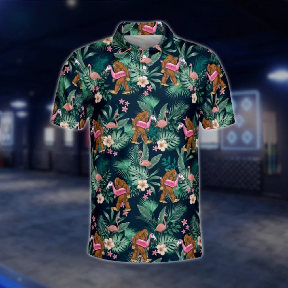 Bigfoot Flamingo Tropical Golf Polo Shirt For Men, Sasquatch Bigfoot Golf Shirt GOF0131