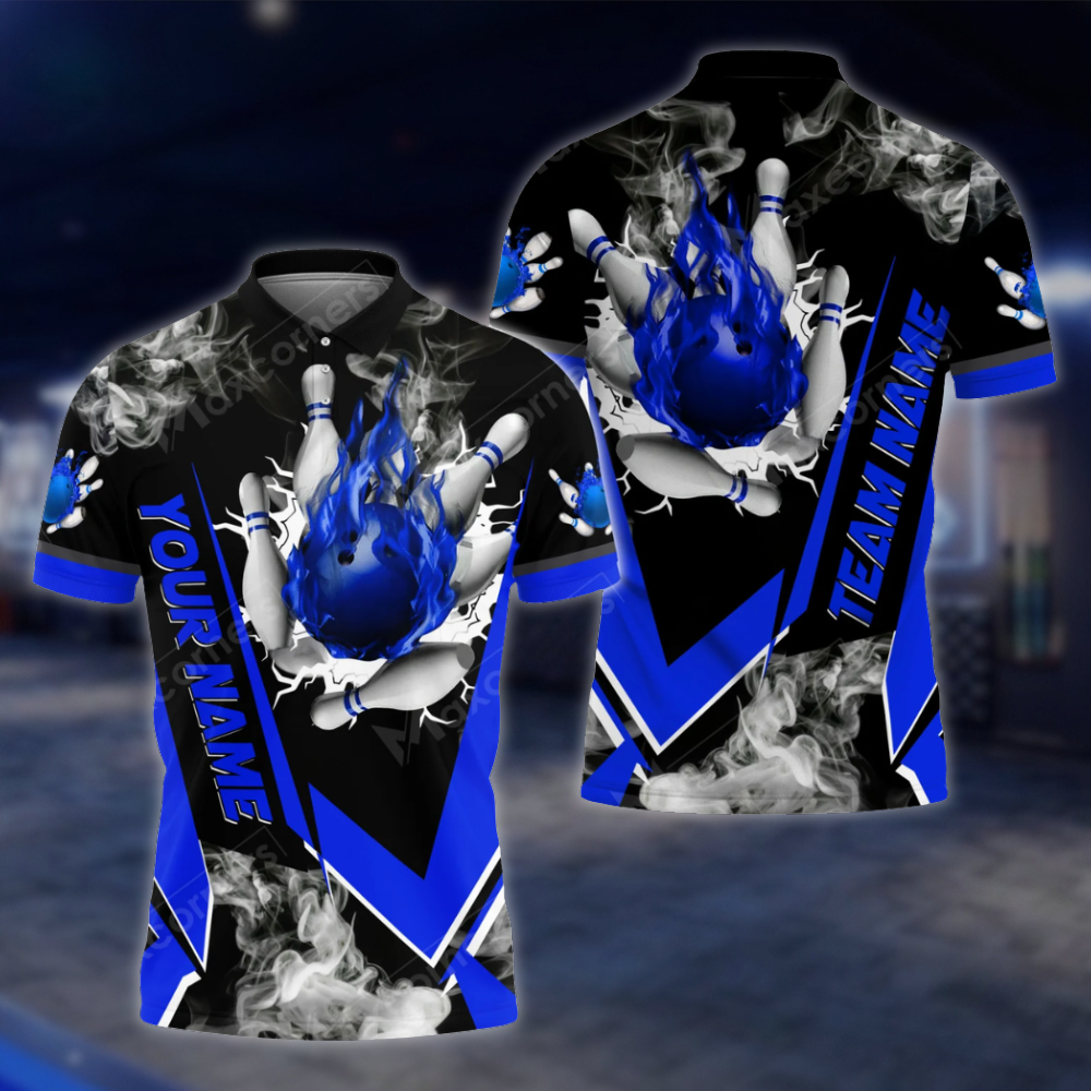 Personalized Mens Flaming Ball Bowling Polo Shirt, Custom Flame Bowling Shirt For Team BZ0811 BOW0145