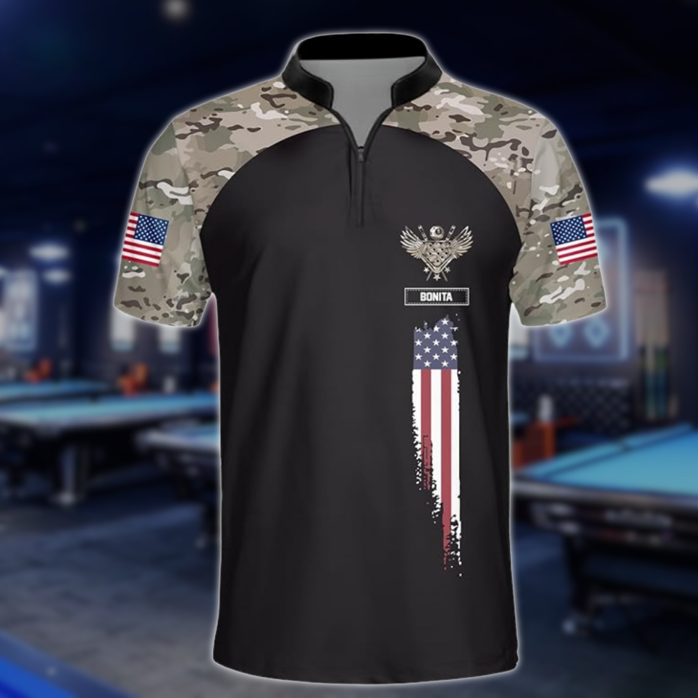 Custom USA Flag Camouflage Billiard Jersey For Men, Custom Camo Patriotic Billiard Team Shirts BLD0297