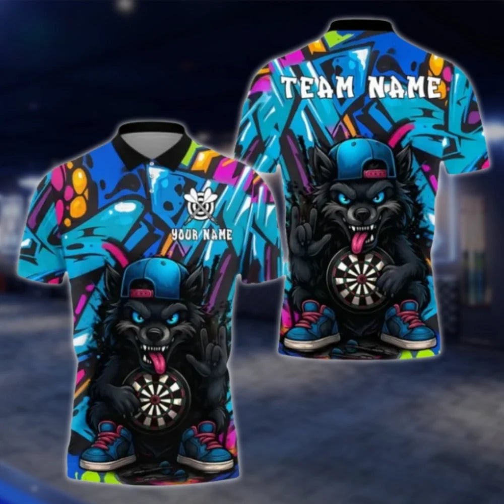 Funny Wolf Custom Graffiti Purple Men's Darts Polo Shirt, Custom Wolf Dart Team Shirts DAT0413