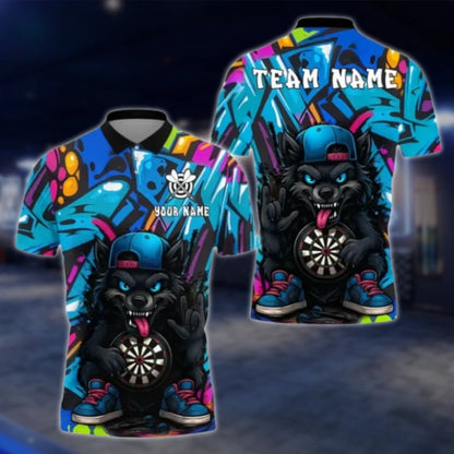Funny Wolf Custom Graffiti Purple Men's Darts Polo Shirt, Custom Wolf Dart Team Shirts DAT0413