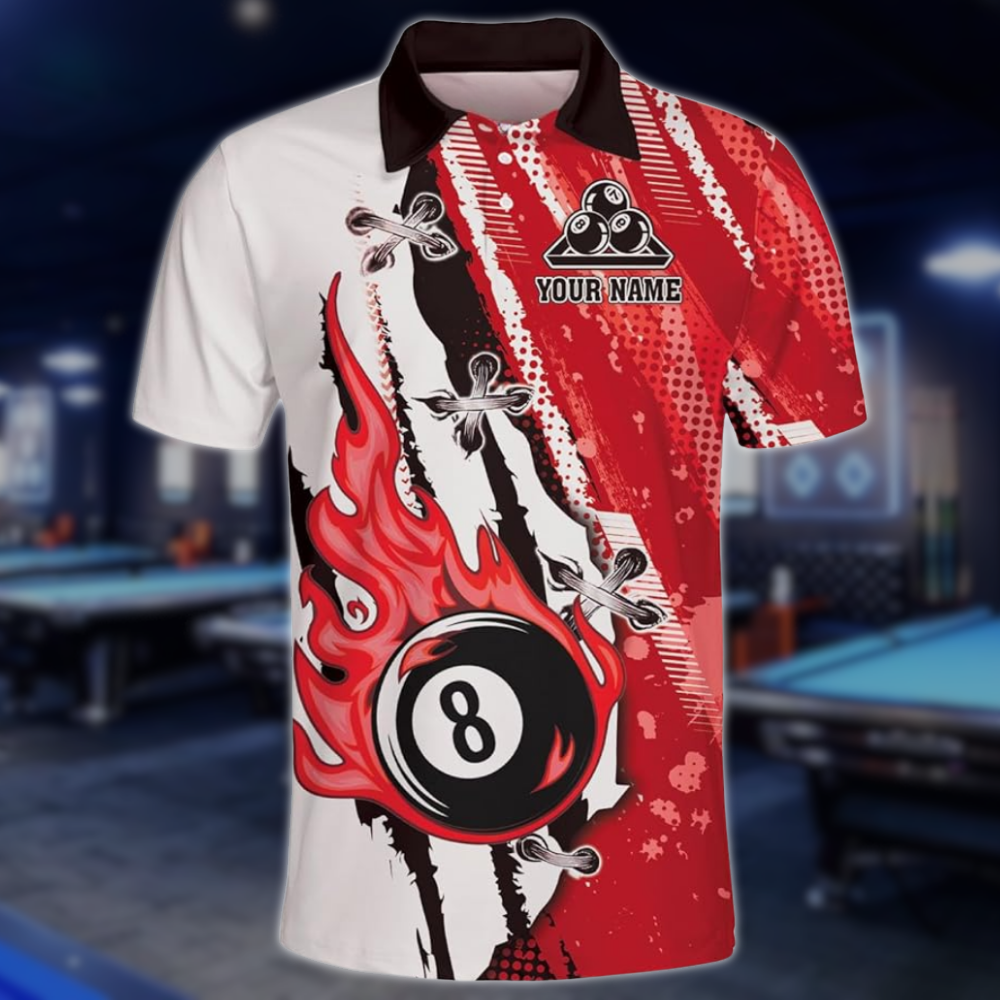 Custom Flaming 8 Ball Blue And White Billiard Men's Polo Shirt, Custom 8 Ball Billiard Team Shirts BLD0259