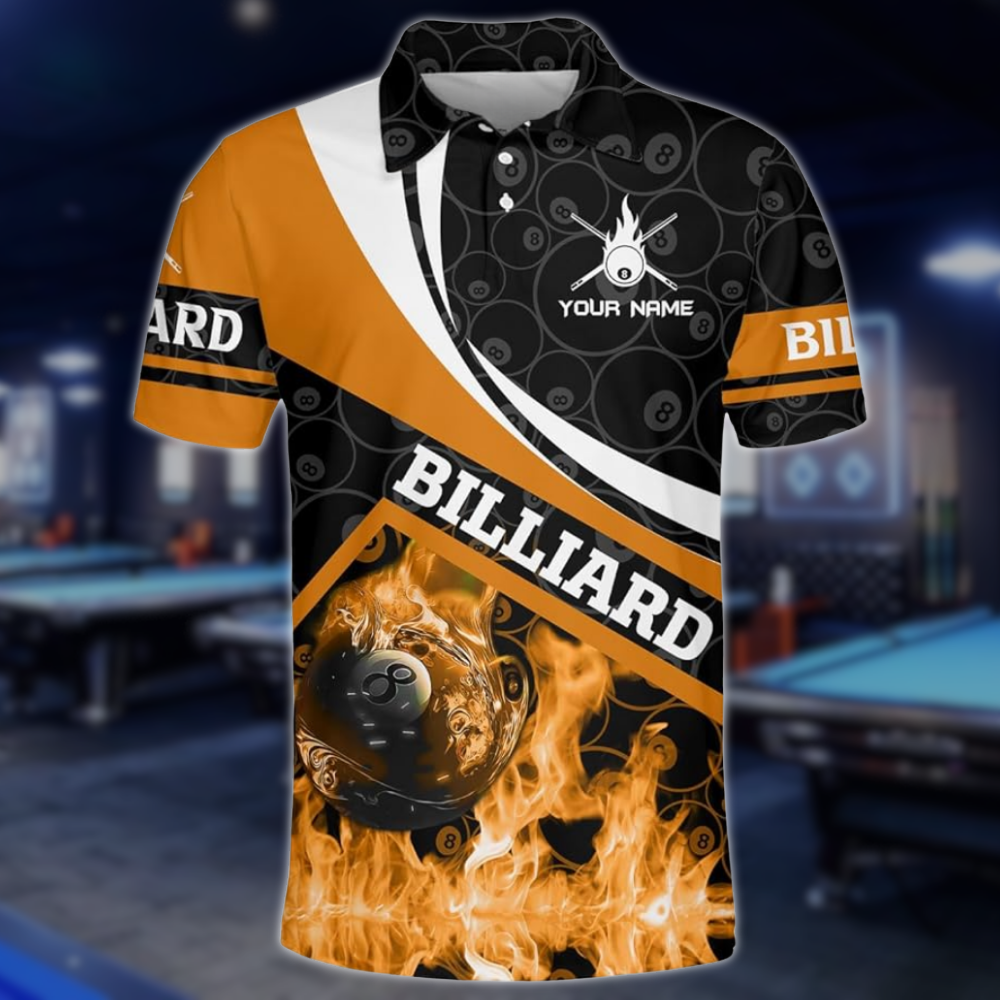Custom Red Flame 8 Ball Billiard Men Polo Shirts, Custom Flame Billiard Shirts BLD0218