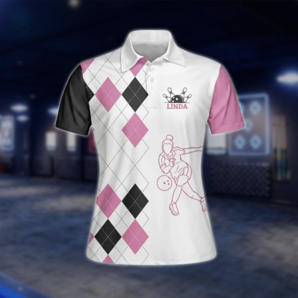 Watch Yourself This Girl Knows How To Handle Her Balls Custom Bowling Polo Shirt For Ladies, Pink And White Custom Funny Womens Bowling Shirts BW0030 BOW0240