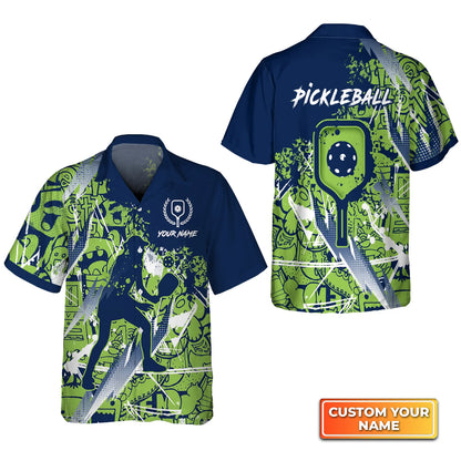 Pickleball - Scritch Woman Green Blue Pattern Personalized Name 3D Hawaiian Shirt QB95 Gift For Pickleball Player PKL0146