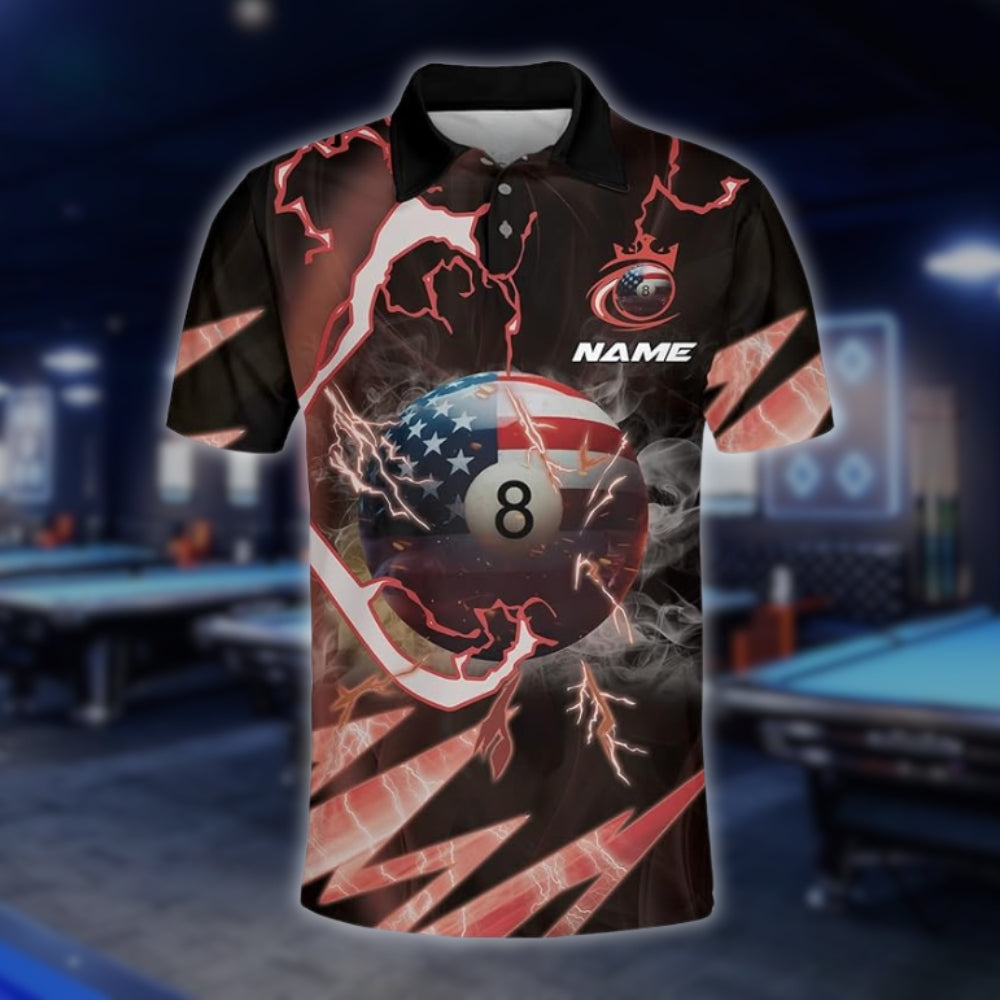 Custom USA Flag 8 Ball Billiard Polo Shirt Mens, Custom Patriotic Billiard Shirts For Team BLD0093